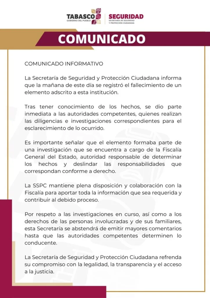 Confirman muerte de elemento de la SSPC Tabasco; Fiscalía investiga los hechos